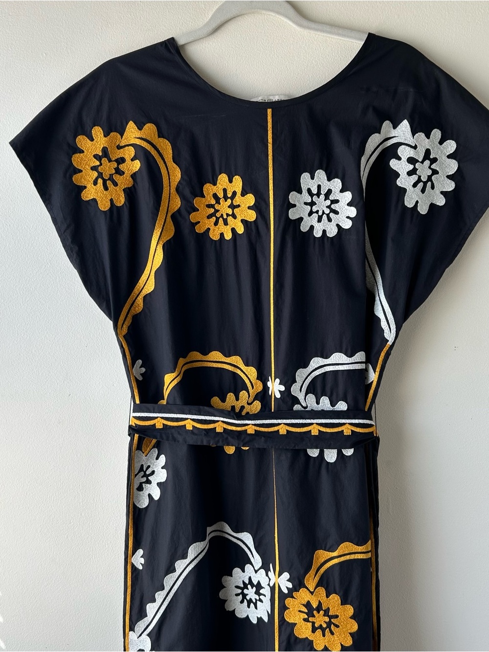 Tory Burch Embroidered Cotton Poplin Caftan Midi Dress Floral Black Gold White M - Picture 14 of 15